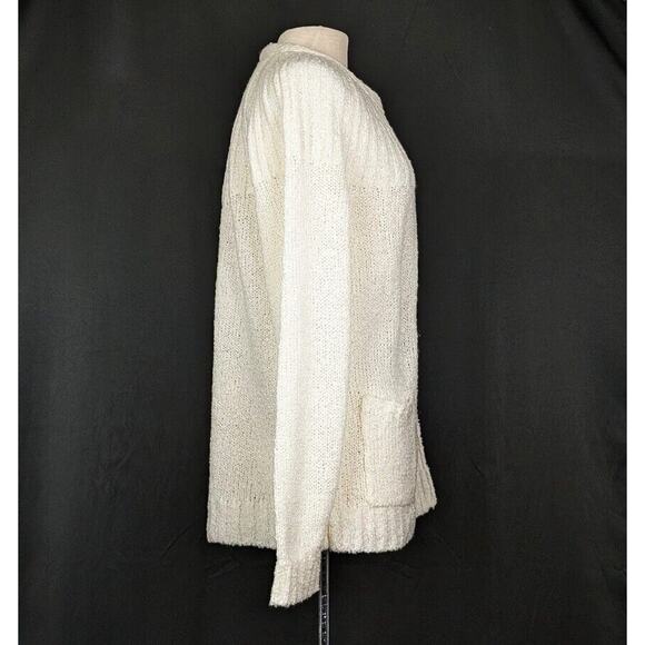 Vintage 80s Cardigan Sweater Cream Boucle Knit Open Front Pockets Size 42 L - Picture 3 of 7